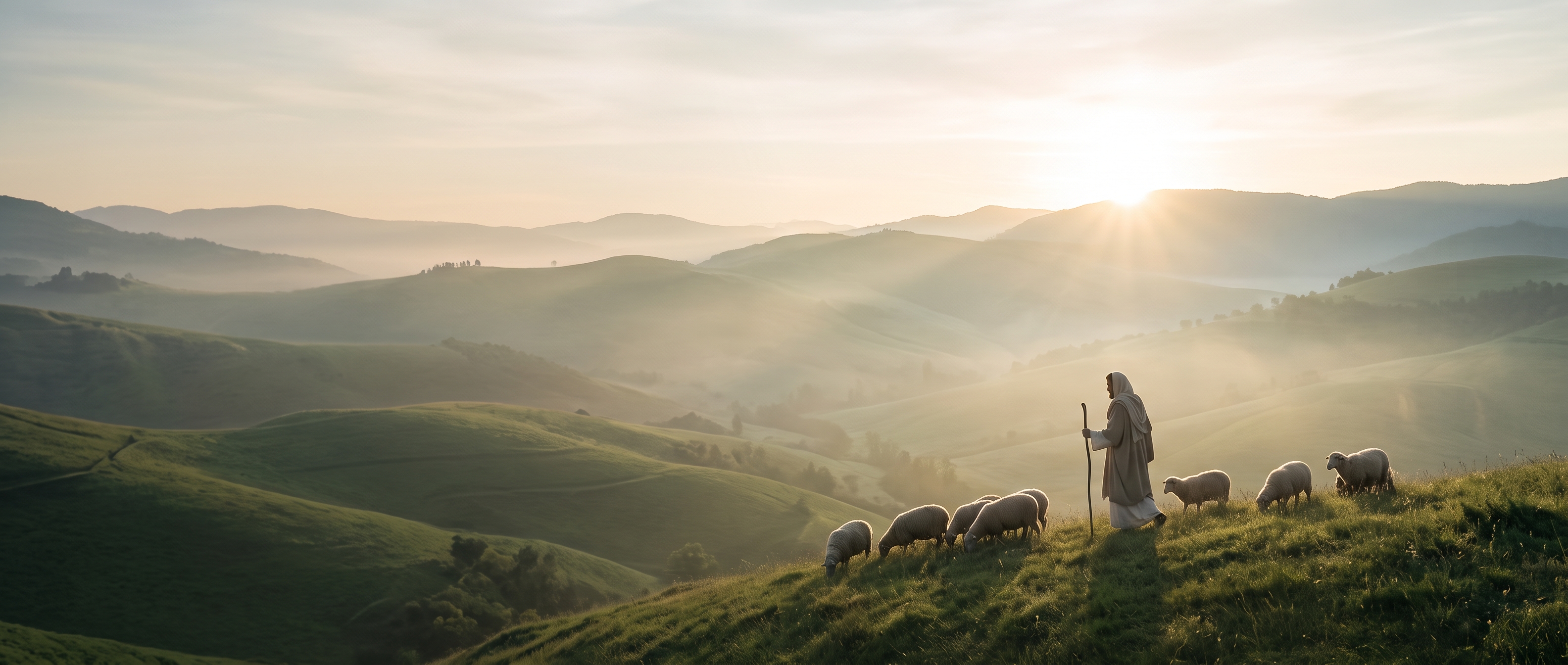 Shepherd in distant misty hills under a majestic sunrise